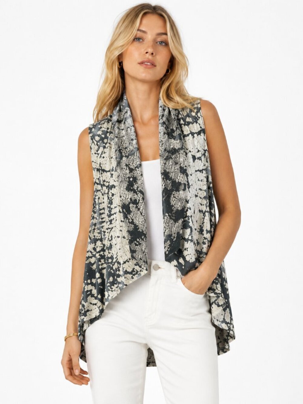 T Party Open Front Cardigan Size Small Tie Dye Gray Black Sleeveless Vest Shawl